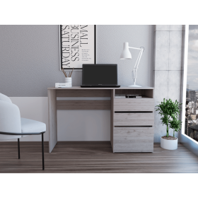 DEPOT E-SHOP Kenai 3 Drawers Computer Desk, One Shelf, Light Gray